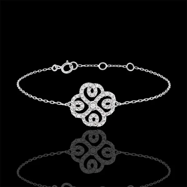 Bracelet Solitaire Destinée - Trèfle Arabesque - or blanc 9 carats et diamants