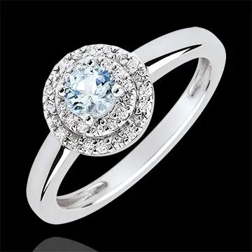 Anillo de compromiso Destino - Doble Halo - aguamarina y diamantes 0.23 quilates - oro blanco 18 quilates