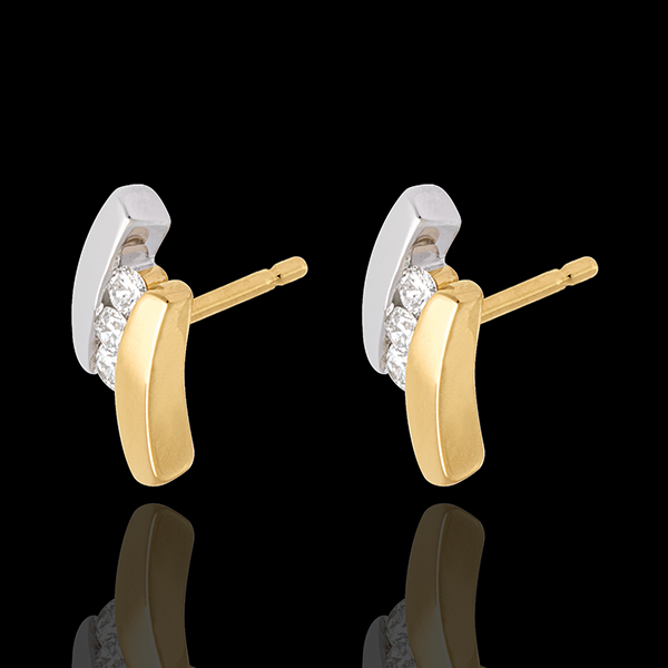 Diamond Trilogy Stud Earrings-yellow gold- white gold - 6 diamonds - 18 carats