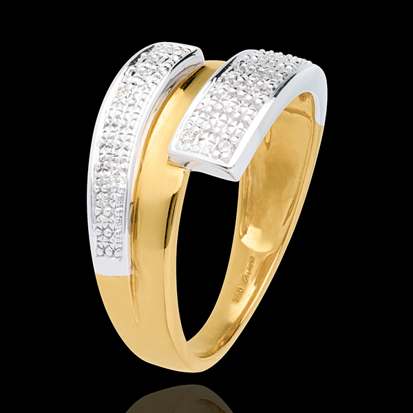 Double-hemisphere ring yellow gold-white gold paved