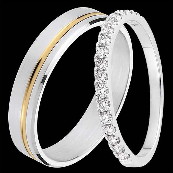 Duet obrączek Pure & Bettina – złoto białe i żółte & złoto białe z diamentami – 18 karatów