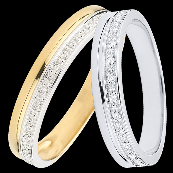 Dúo de alianzas Élégance – Oro blanco y amarillo & oro blanco con diamantes – 18 quilates