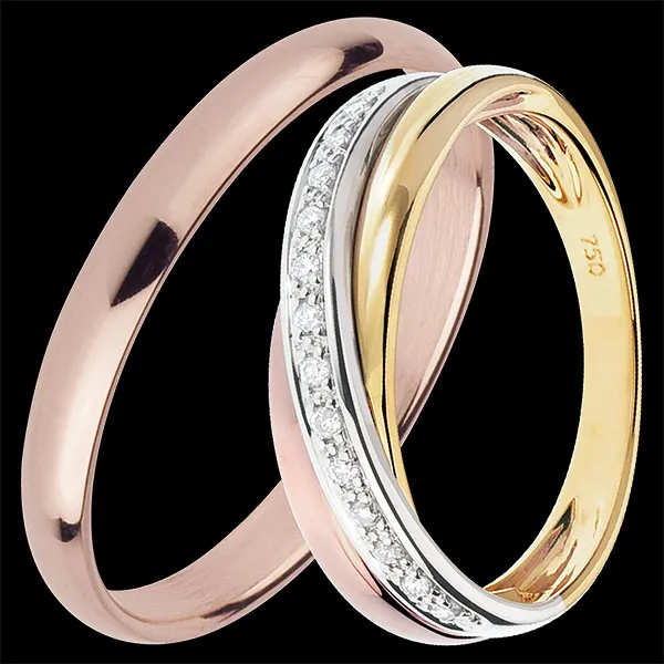 Dúo de alianzas Origine & Saturne - Oro rosa, tricolor y diamantes - 18 quilates