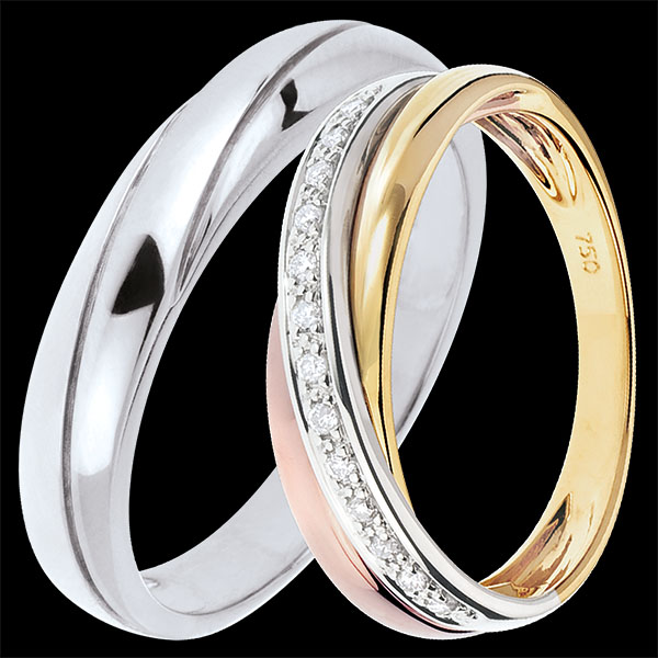 Dúo de alianzas Saturne – Oro blanco, tres oros y diamantes – 18 quilates