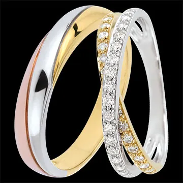 Duo de alianzas Saturne – Tres oros & oro amarillo y blanco con diamantes – 9 quilates