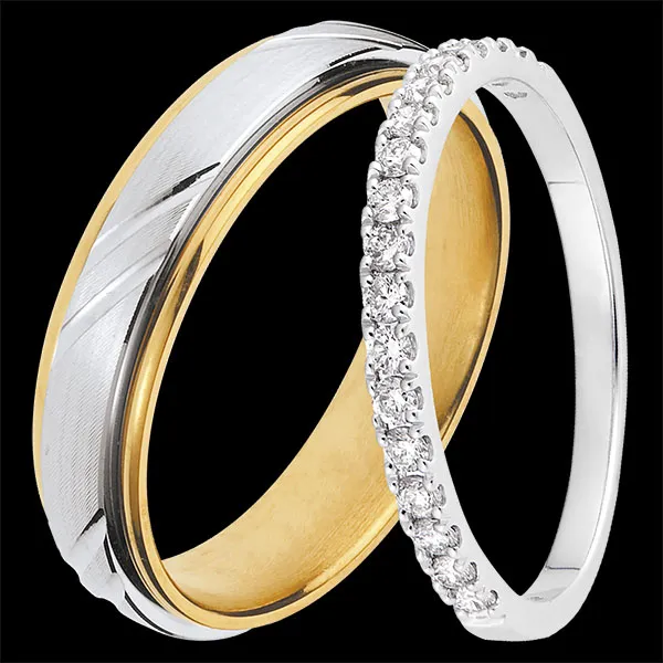 Dúo de alianzas Viking & Bettina – oro blanco y amarillo & oro blanco y diamantes – 18 quilates