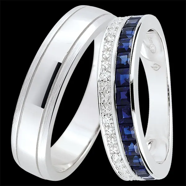 Duo d'alliances Horizon & Zodiaque- or blanc, saphirs et diamants - 18 carats