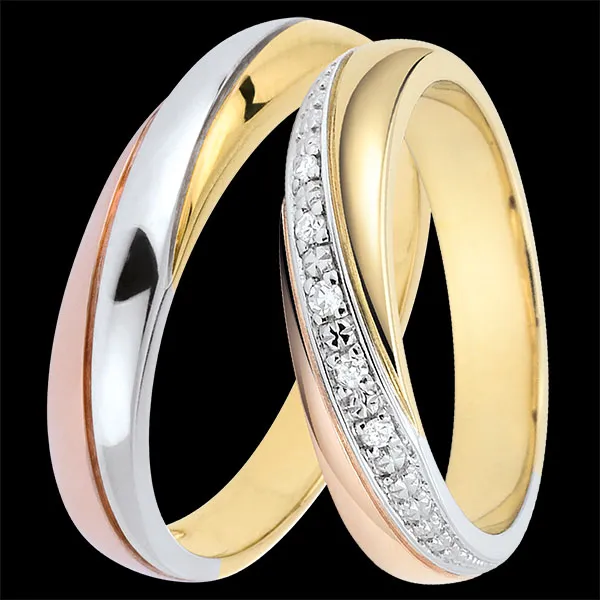 Duo d'alliances Saturne - trois ors & diamants - 9 carats