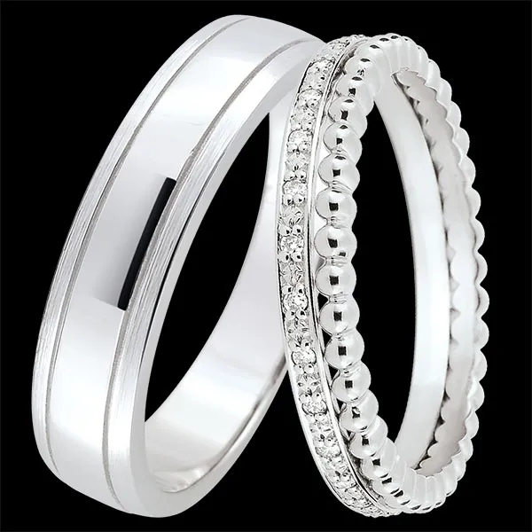 Duo di fedi Horizon & Double rang – Oro bianco e diamanti – 9 carati