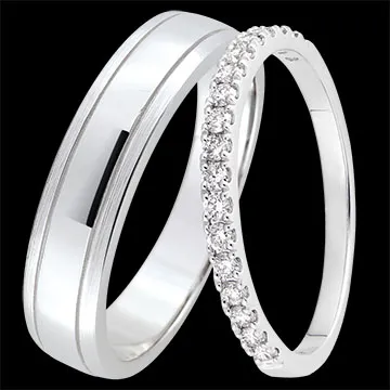 Duo di fedi nuziali Horizon & Bettina – Oro bianco e diamanti – 18 carati