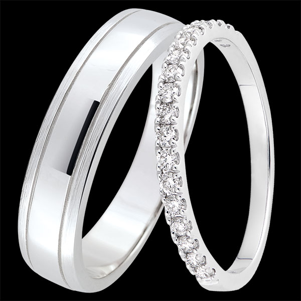 Duo fedi nuziali Horizon & Bettina – oro bianco & diamanti – 9 carati
