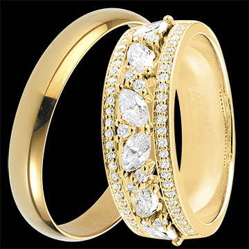 Duo of Pure & Byzantine Wedding Bands - Yellow Gold & Diamonds - 18 Carat