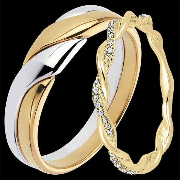 Duo of Wedding Bands Attraction & Olympe – Yellow and White Gold & Yellow Gold with Diamonds – 18 Carat