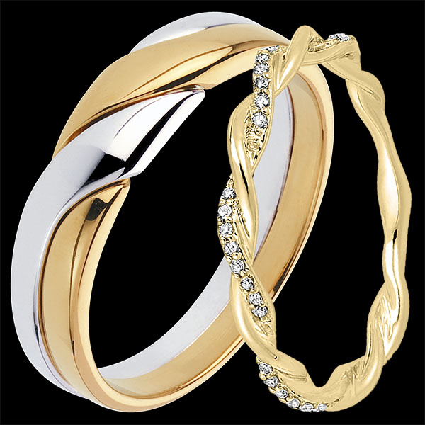 Duo of Wedding Bands Attraction & Olympe – Yellow and White Gold & Yellow Gold with Diamonds – 18 Carat