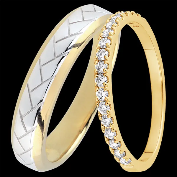 Duo-Trauringe Tissage & Bettina – Weiß- und Gelbgold, Gelbgold & Diamanten – 18-karätig