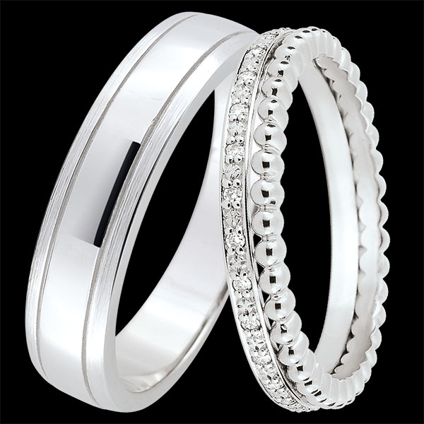 Duo trouwringen Horizon & Double rang – Witgoud & diamanten – 9 karaat