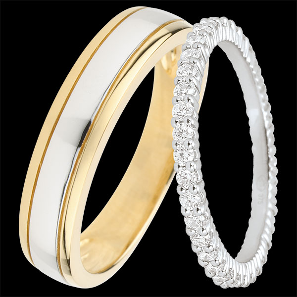 Duo trouwringen Horizon & Radieuse – Geelgoud en witgoud & witgoud met diamanten – 9 karaat