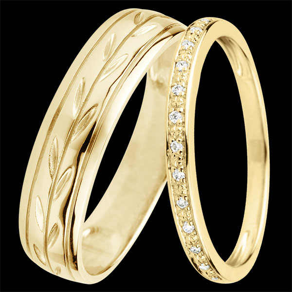 Duo trouwringen Jardin Enchanté & Éclat de diamants – Geelgoud & diamanten – 9 karaat