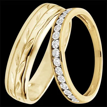 Duo Trouwringen Jardin Enchanté & Serti Magique – Geelgoud & diamanten – 18 karaat