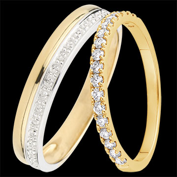 Duo de verighete Elegance & Bettina – Aur alb și galben & aur galben cu diamante – 18 carate