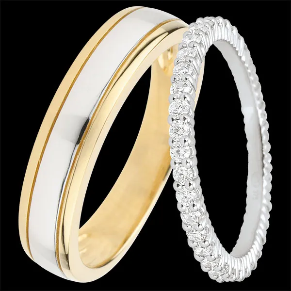 Duo de verighete Horizon & Radieuse – Aur galben și aur alb & aur alb cu diamante – 9 carate