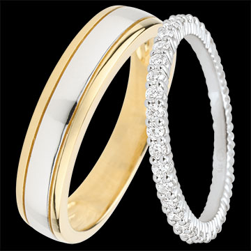 Duo de verighete Horizon & Radieuse – Aur galben și aur alb & aur alb cu diamante – 9 carate