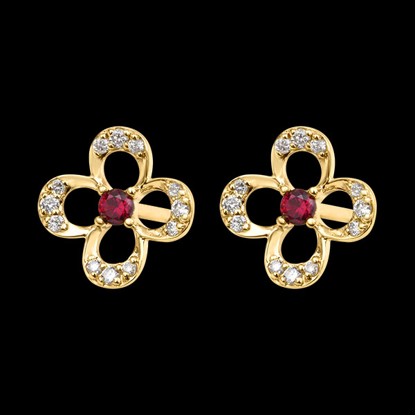 Boucles d’oreilles puces Floralya – Or jaune 9 carats, rubis et diamants synthétiques