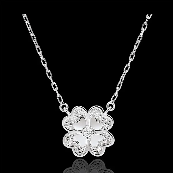 Collier Éclosion - Trèfle Étincelant - or blanc 9 carats et diamants