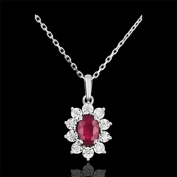 Halsketting Eeuwige Edelweiss - Marguerite Illusie - Synthetische robijn en Synthetische Diamanten - 18 karaat witgoud