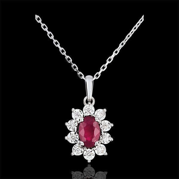Halsketting Eeuwige Edelweiss - Marguerite Illusie - Synthetische robijn en synthetische Diamanten - 9 karaat witgoud