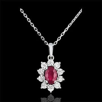Halsketting Eeuwige Edelweiss - Marguerite Illusie - Synthetische robijn en synthetische Diamanten - 9 karaat witgoud