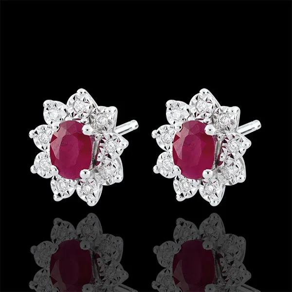 Cercei Eternel Edelweiss - Iluzia Anemonei - rubine şi diamante - aur alb de 9K