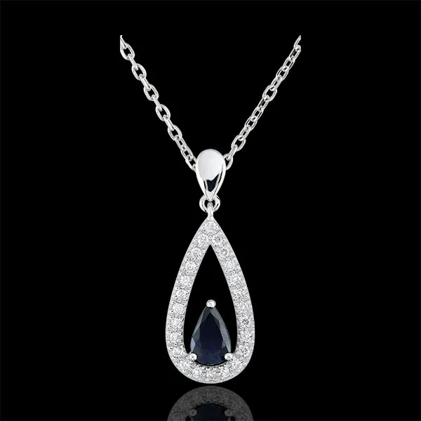 Ciondolo - Goccia Soraya - Oro bianco - 9 carati - 24 Diamanti - Zaffiro blu