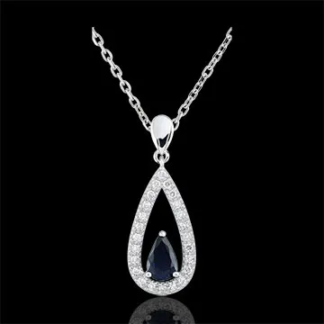 Ciondolo - Goccia Soraya - Oro bianco - 9 carati - 24 Diamanti - Zaffiro blu