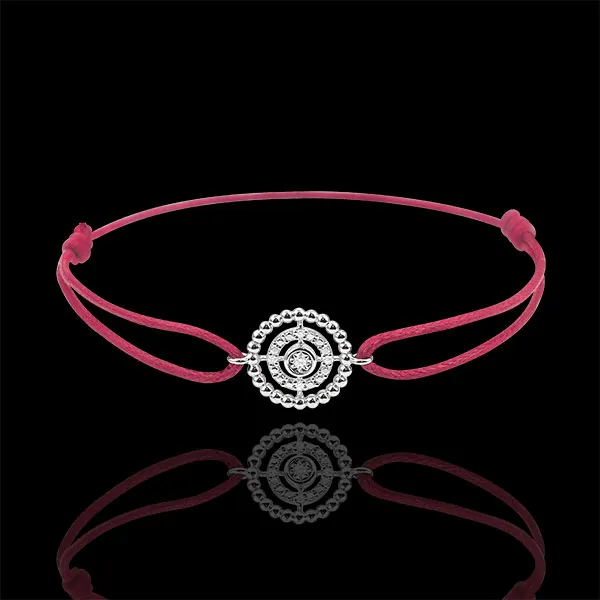 Bracciale Fior di Sale - Cerchio - Oro bianco - 9 carati -Diamanti - Cordoncino rosso
