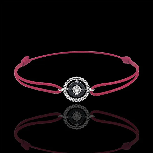 Pulsera Flor de Sal - círculo - oro blanco 9 quilates y diamantes negros - cordón rojo