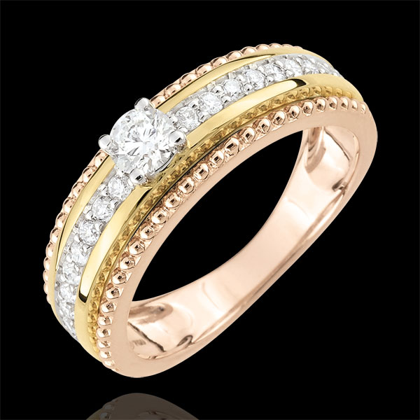Anillo Solitario - Flor de Sal - dos aros - 3 oros 9 quilates - diamantes 0.378 quilates