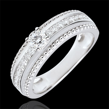Anillo Solitario - Flor de Sal - dos aros - oro blanco 18 quilates - diamante 0. 18 quilates