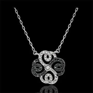 Collier Fraicheur - Trèfle Arabesque - or blanc 9 carats diamants blancs et diamants noirs