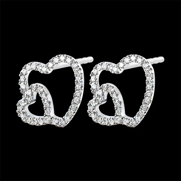 Boucles d'Oreilles Abondance - Double Coeur - or blanc 18 carats et diamants