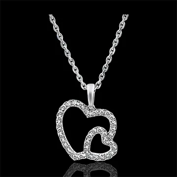 Pendentif Abondance - Double Coeur - or blanc 9 carats et diamants