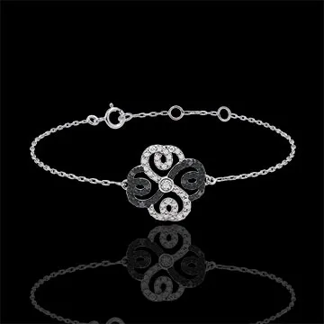 Bracelet Solitaire Fraicheur - Trèfle Arabesque - or blanc 9 carats diamants blancs et diamants noirs