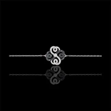 Bracelet Solitaire Fraicheur - Trèfle Arabesque - or blanc 9 carats diamants blancs et diamants noirs