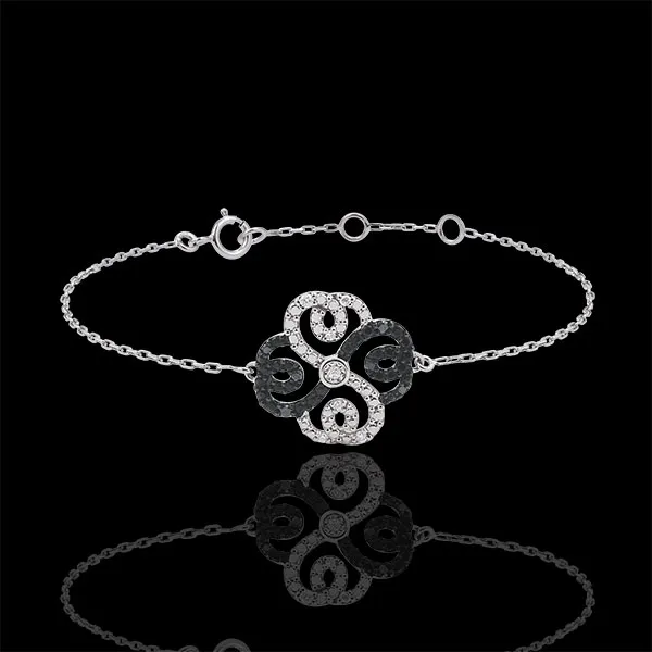 Bracciale Solitario Freschezza - Quadrifoglio Arabesco - Oro bianco - 9 carati - Diamanti bianchi e diamanti neri - 