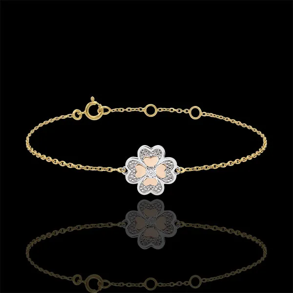 Pulsera Solitario Frescura - Trébol Deslumbrante - 3 oros 9 quilates y diamantes