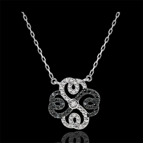 Collier Frische - Weißgold, schwarze und weiße Diamanten - Verspielter Klee