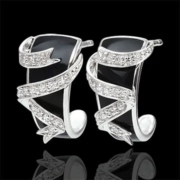 Boucles d'oreille or blanc 9 carats Clair Obscur - Ruban d'étoiles - diamants et laque noire