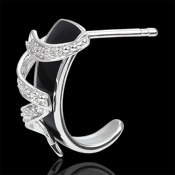 Boucles d'oreille or blanc 9 carats Clair Obscur - Ruban d'étoiles - diamants et laque noire