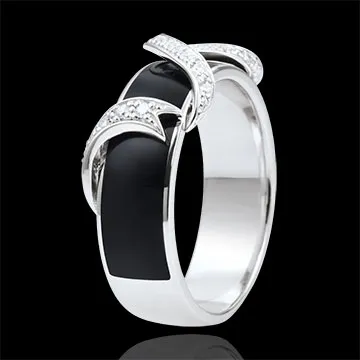 Anello Chiaroscuro - Nastro di stelle - Oro bianco - 18 carati -Lacca nera -Diamanti