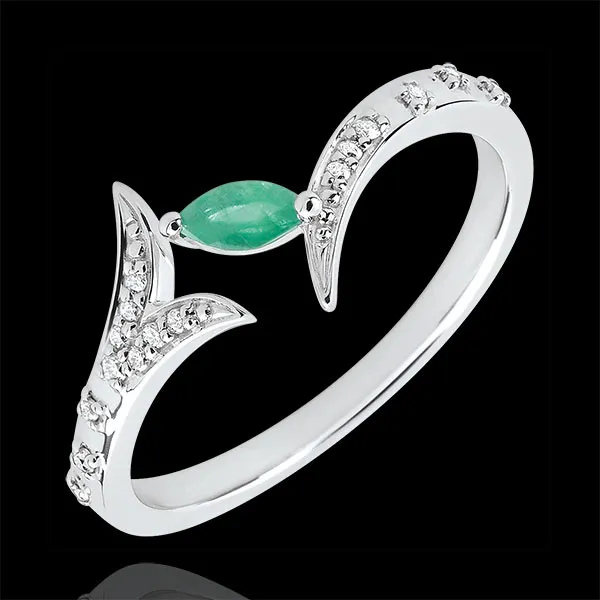 Anello Foresta Misteriosa - modello piccolo - Oro bianco e Smeraldo navetta - 9 carati